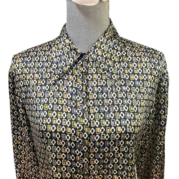 Express 100% Silk Blouse Women’s Medium Geometric Print Button Down Long Sleeve - Picture 4 of 11